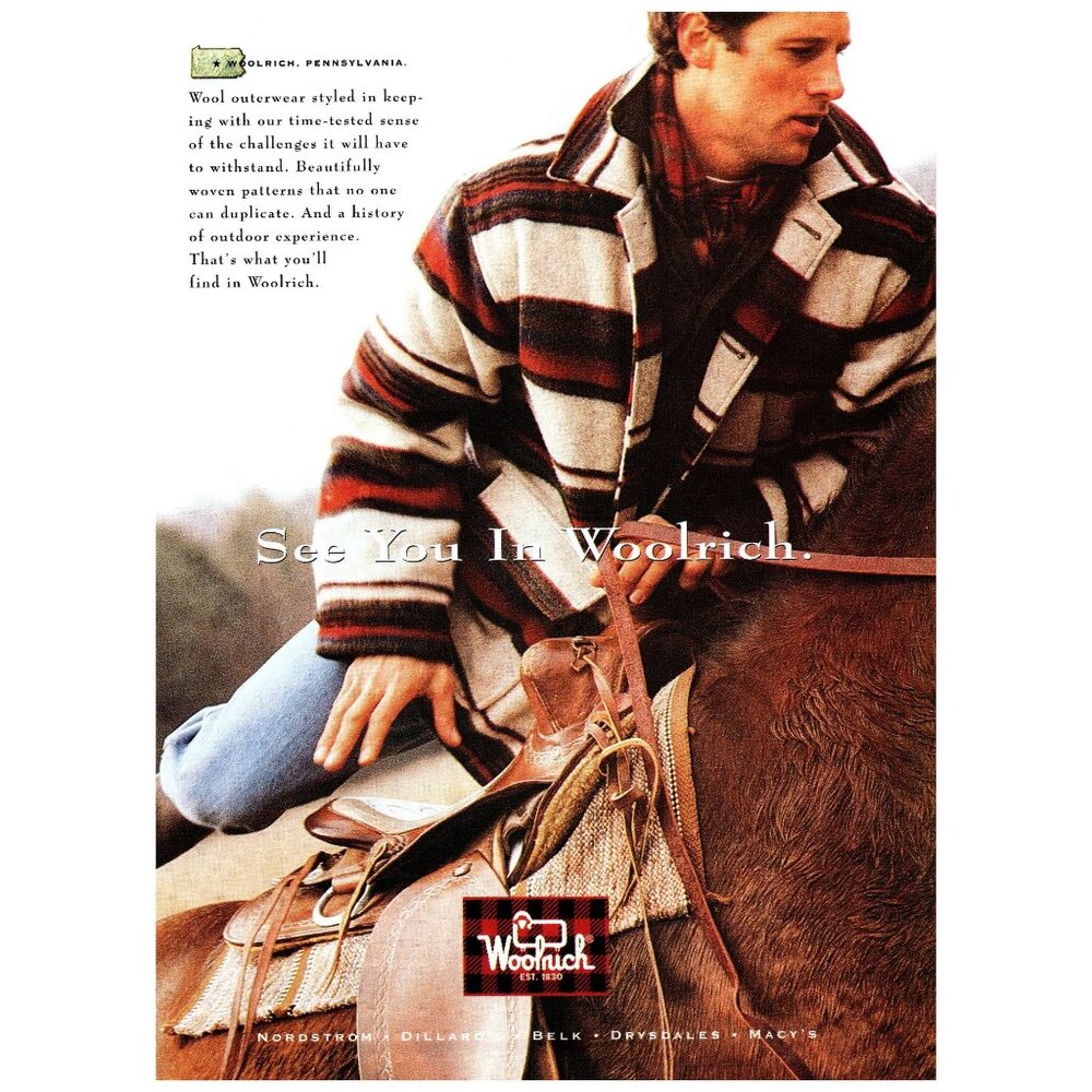 1993 Woolrich Wool Clothing Vintage Print Ad Man Horseback Coat 90s Wall Art
